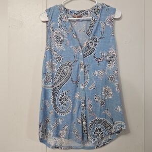 Amana Blue Paisley Print Button Down Sleeveless Top!